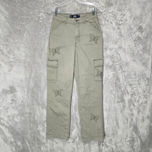 Hollister Womens Cargo W25R Green Ultra Hi Rise Dad Pants Butterfly Embroidered